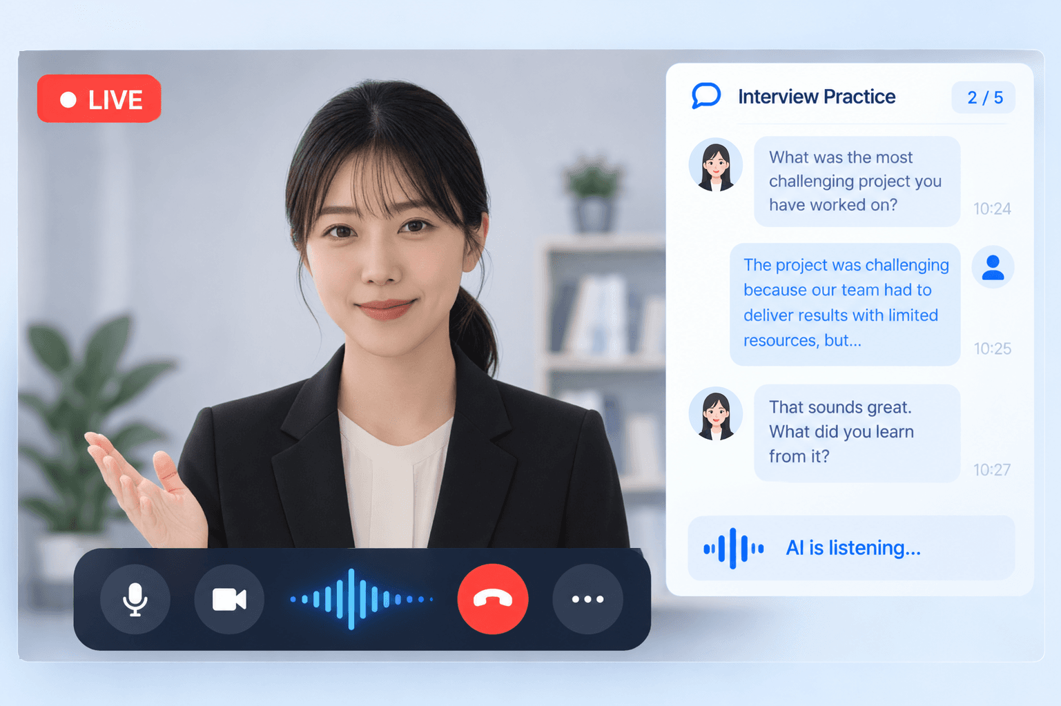 AIアバター面接官とビデオで面接を練習する画面