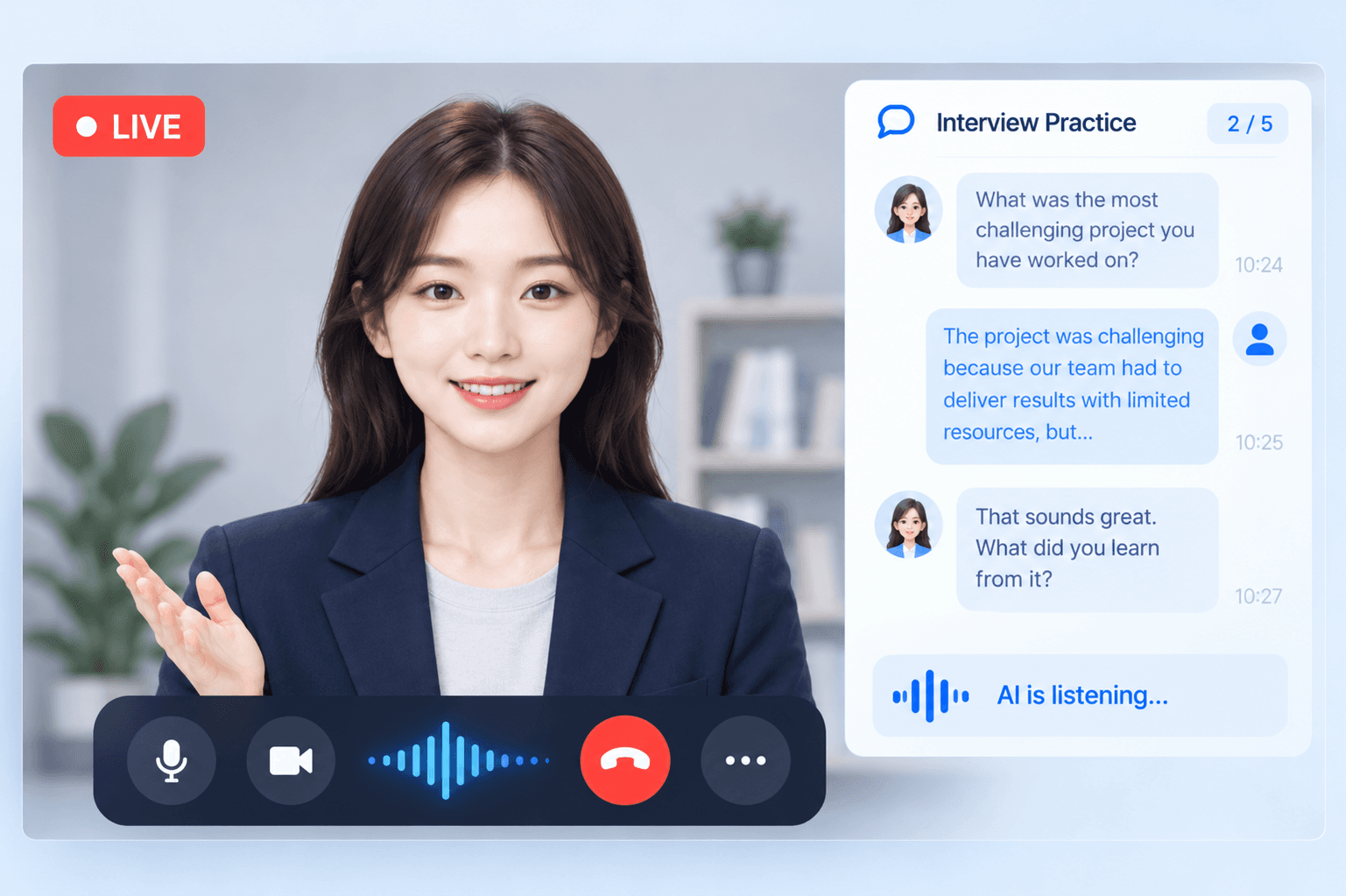 AI 아바타 면접관과 화상으로 면접을 연습하는 화면