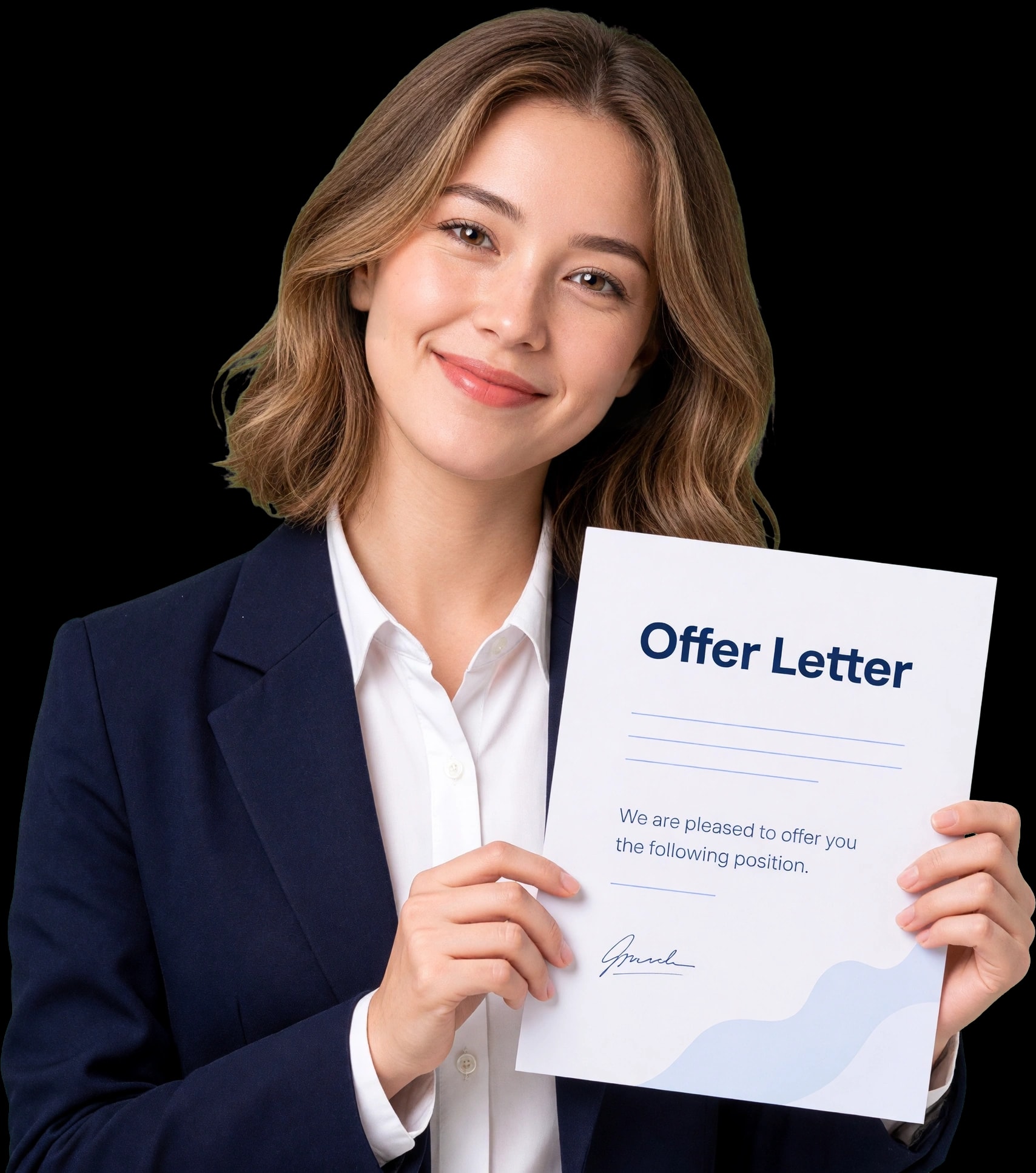 A smiling person holding an offer letter
